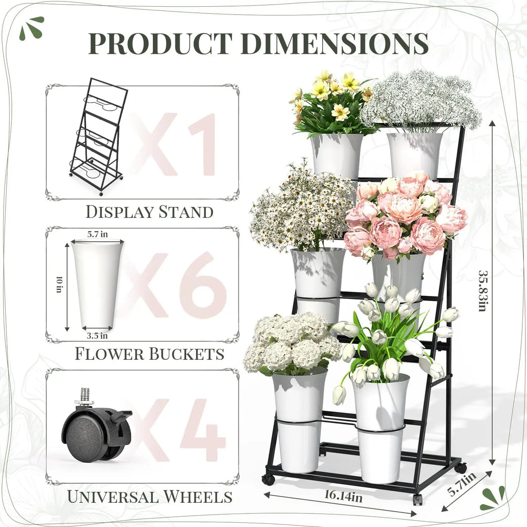 3 Tier Mobile Flower Display Stand with 6 Plastic Flower Buckets