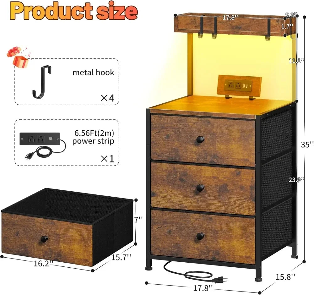Rustic Nightstand (Set of 2) with Charging Station