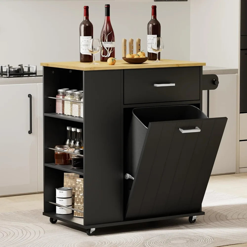 Rolling Kitchen Island with Trash Can Storage