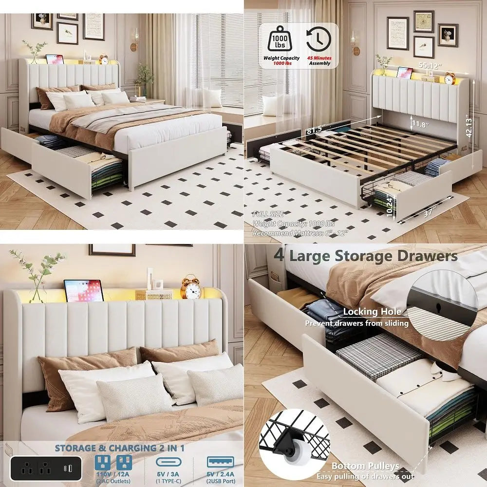 Queen Size Bed Frame with Storage Headboard