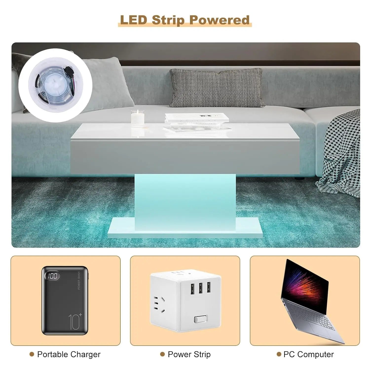Rectangular LED Coffee Table, 16 Colors Lights, Modern Wood, Living Room Dining Reception, Customized