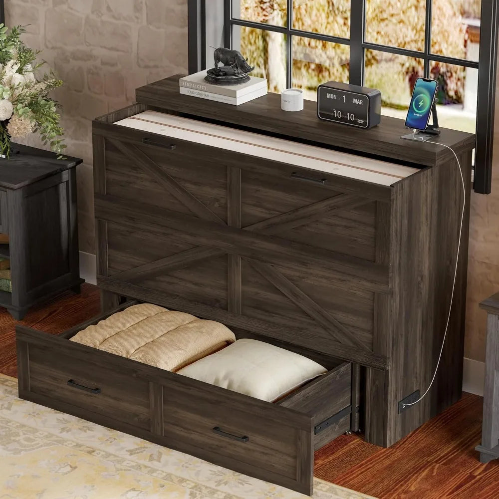 Farmhouse Full Sized Murphy Cabinet Bed with Storage Drawer and Charging Station
