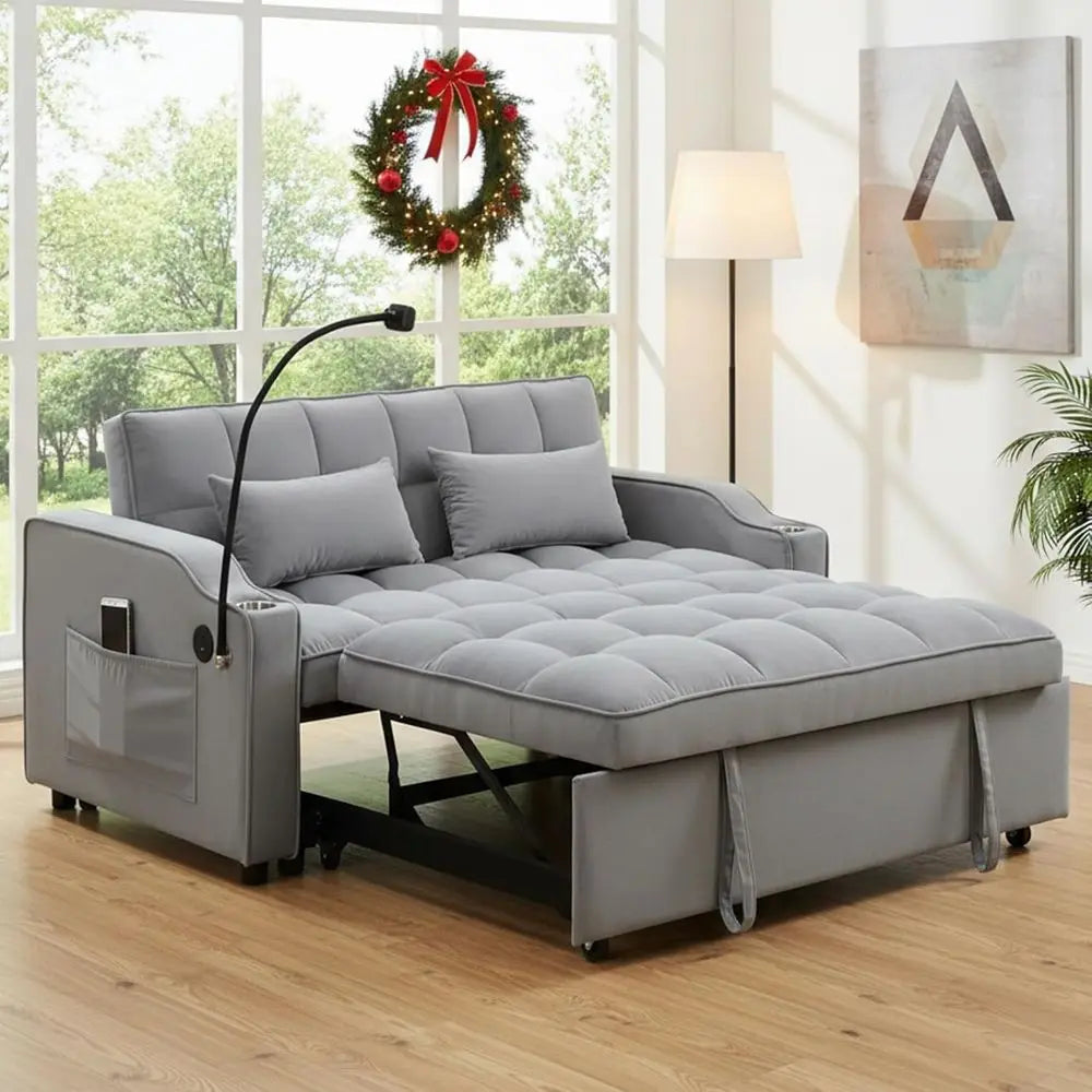 Convertible Velvet Sleeper Sofa with Reclining Backrest and Pillows