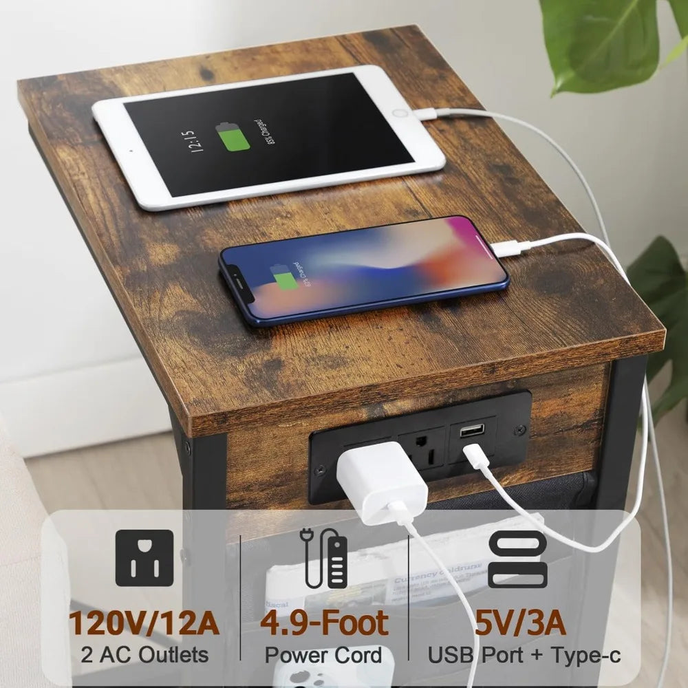 C Shaped End Table With Charging Station