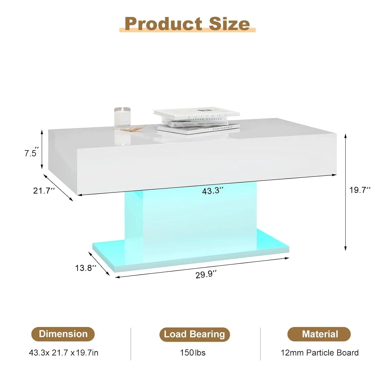 Rectangular LED Coffee Table, 16 Colors Lights, Modern Wood, Living Room Dining Reception, Customized