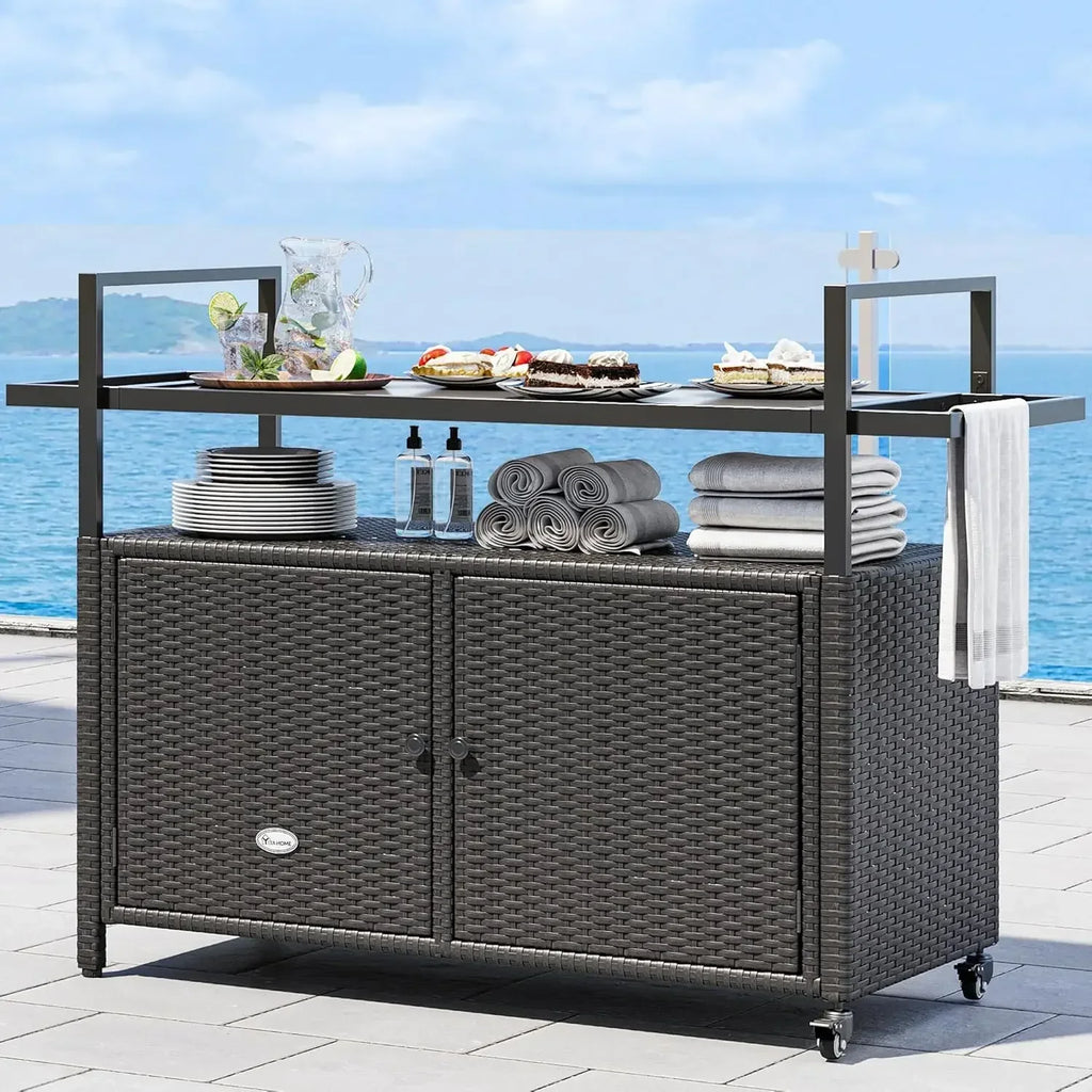 Large Kitchen Wicker Island Rolling Cart & Patio Bar Table