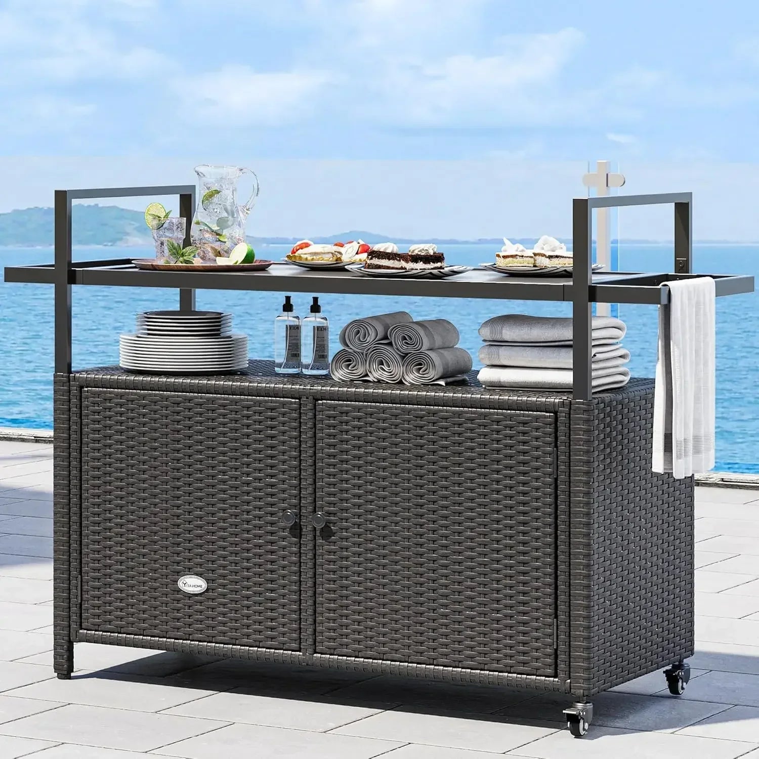 Large Kitchen Wicker Island Rolling Cart & Patio Bar Table