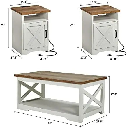 3-Piece Farmhouse Living Room Table Set with Coffee Table & 2 End Tables