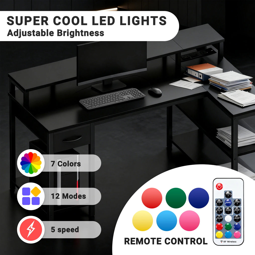 L Shaped Gaming Desk with USB Charging Ports & LED Lights