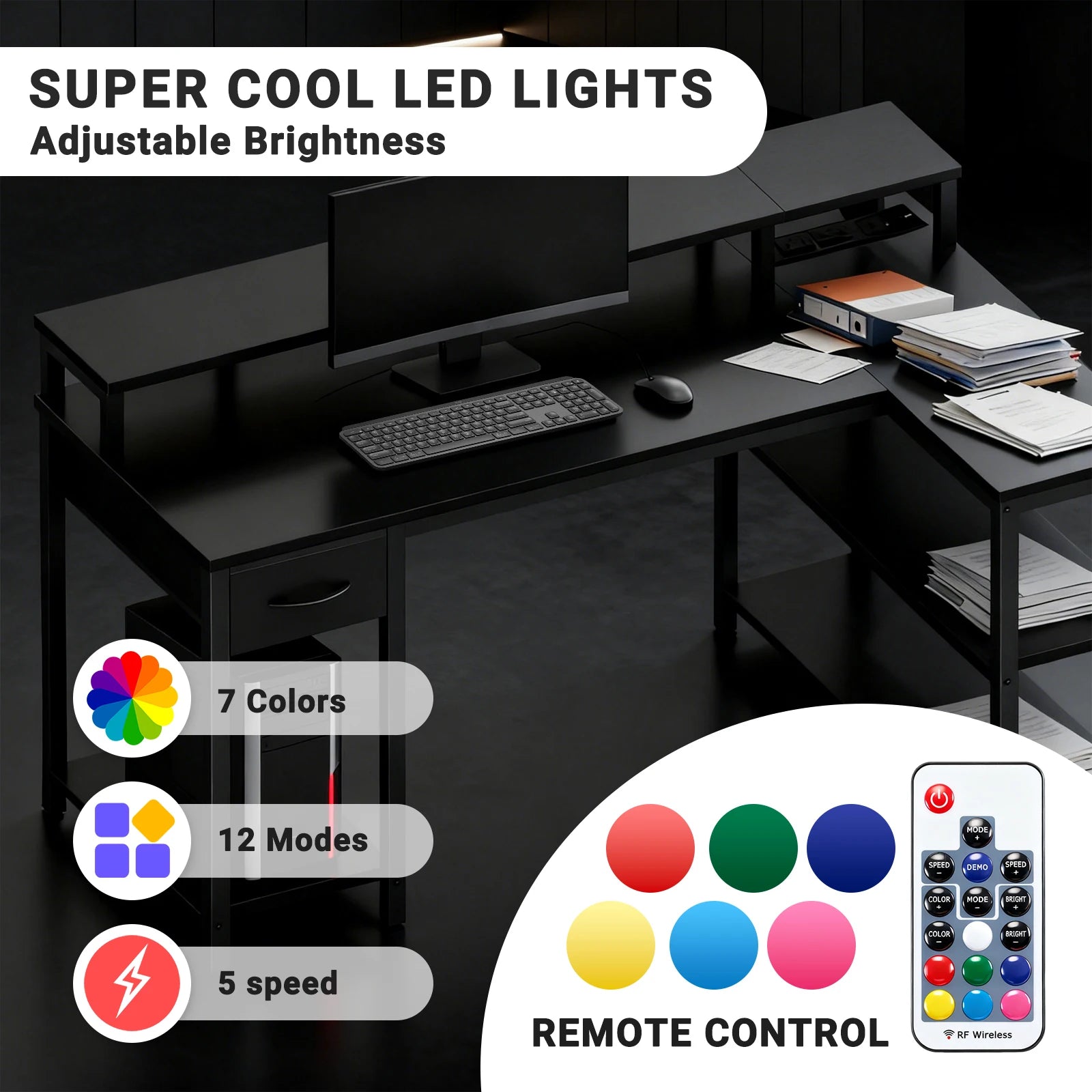 L Shaped Gaming Desk with USB Charging Ports & LED Lights