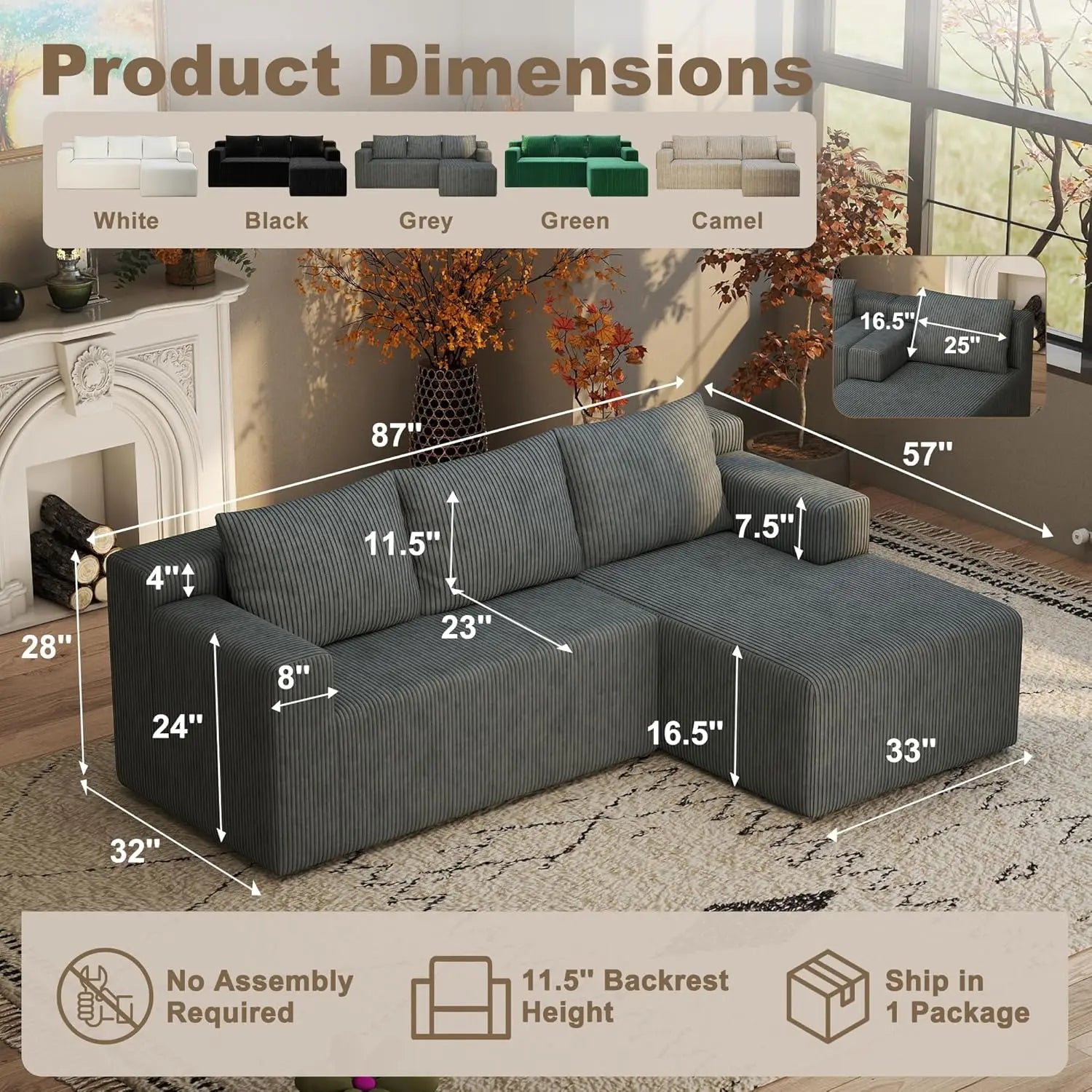 Sectional Boneless Couch with L Shaped Chaise