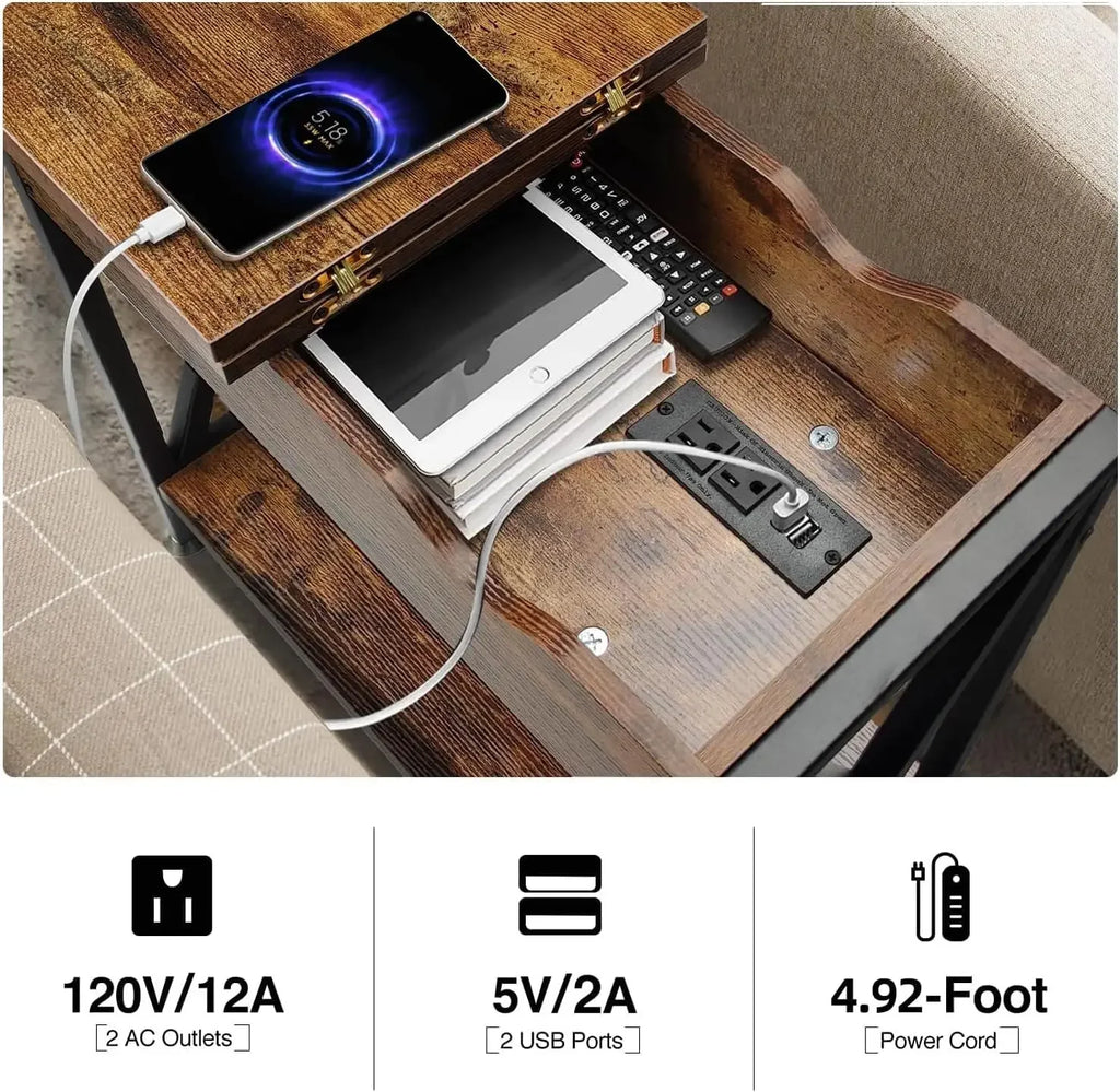 Rustic Narrow Side Tables (Set Of Two) With Charging Station