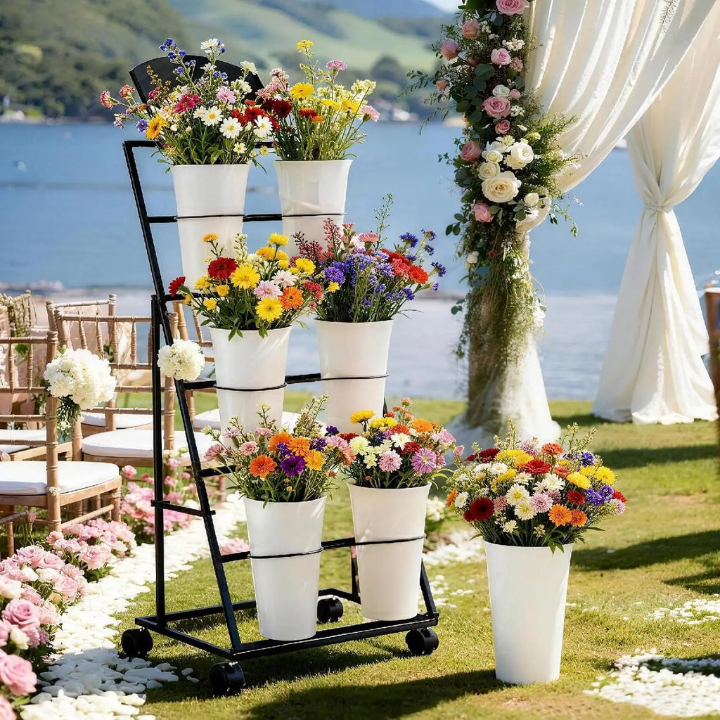 3 Tier Mobile Flower Display Stand with 6 Plastic Flower Buckets