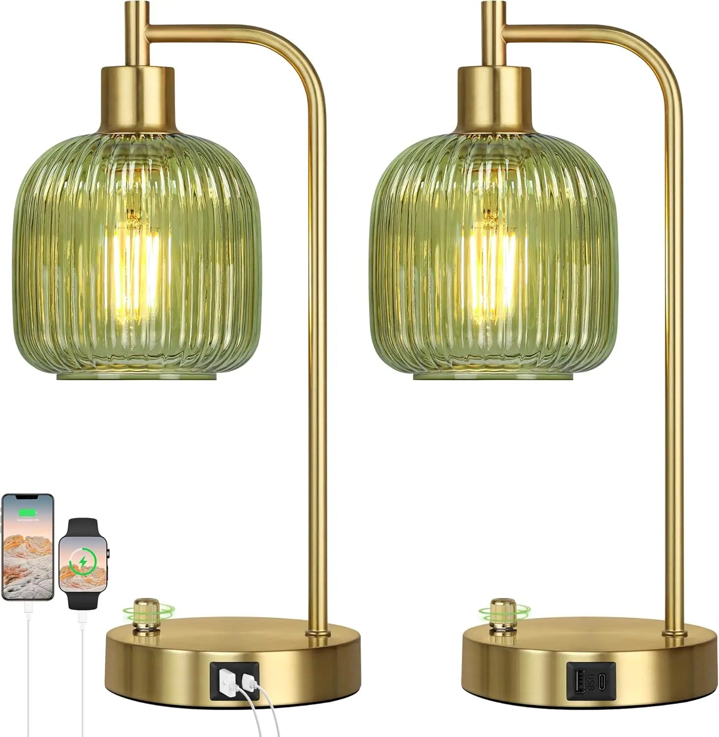 Industrial Green Glass Table Lamp (Set of 2)