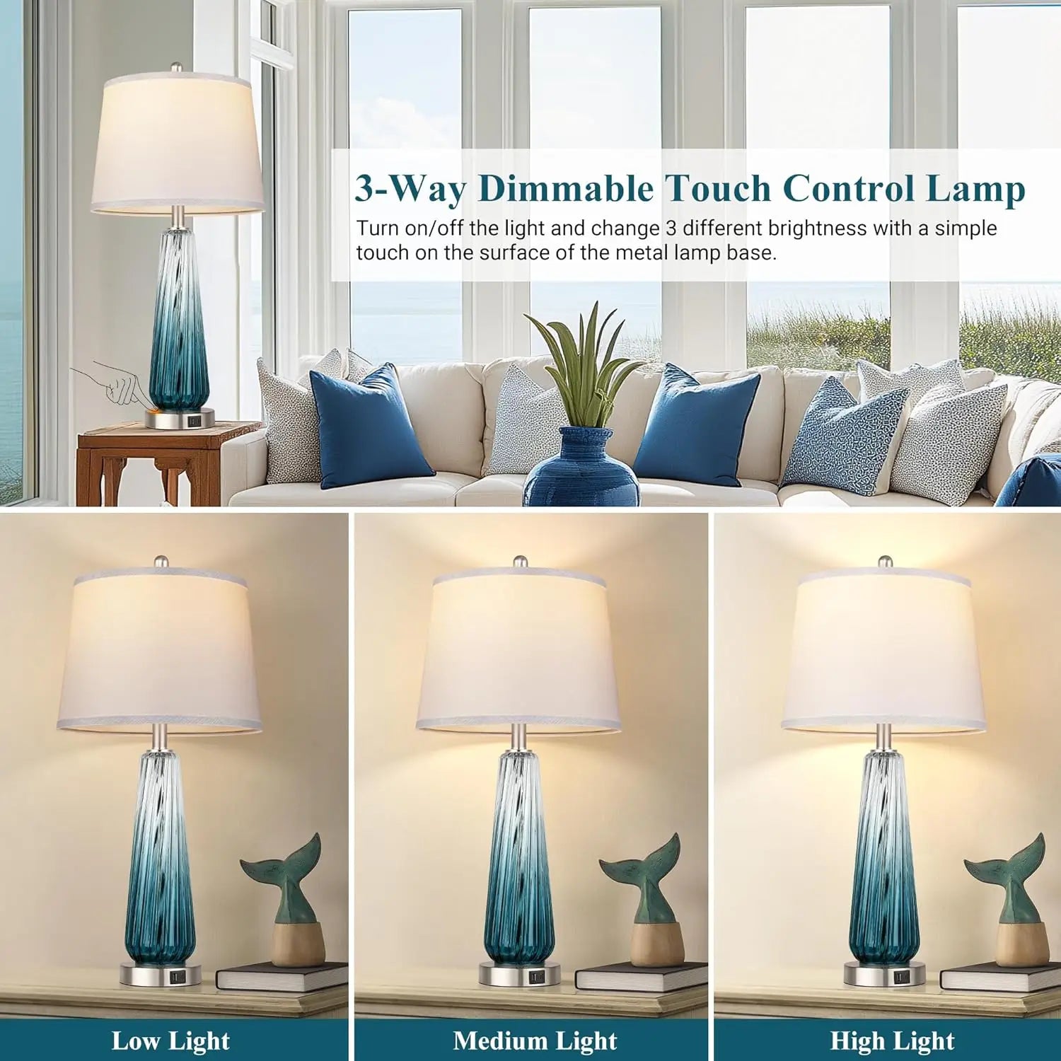3-Way Dimmable Touch Control Glass Table Lamps Set of 2 with USB Ports