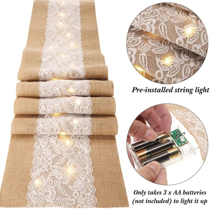 Burlap Table Runner with LED String Lights