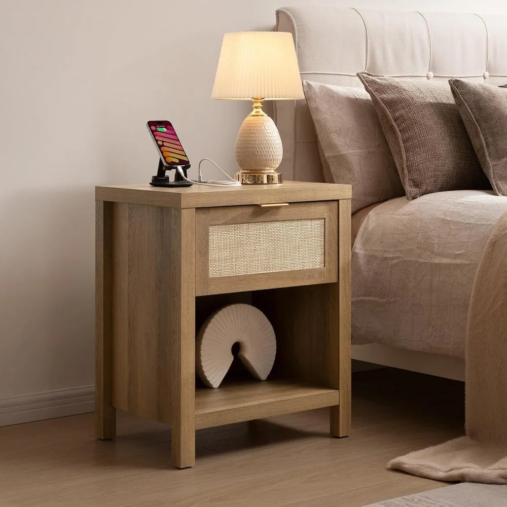 Boho-Styled Nightstands (Set of 2) with Charging Station