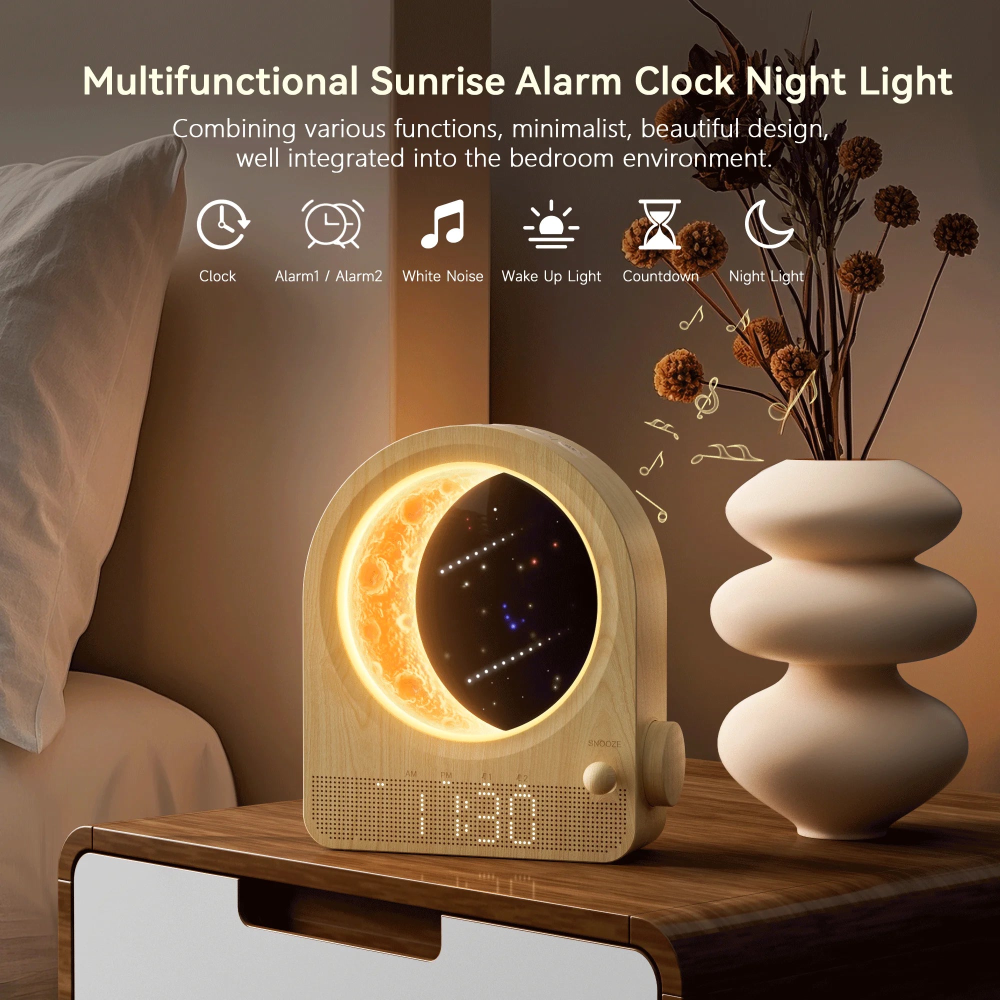 Dimmable Moon Lamp Dual Alarm Clock