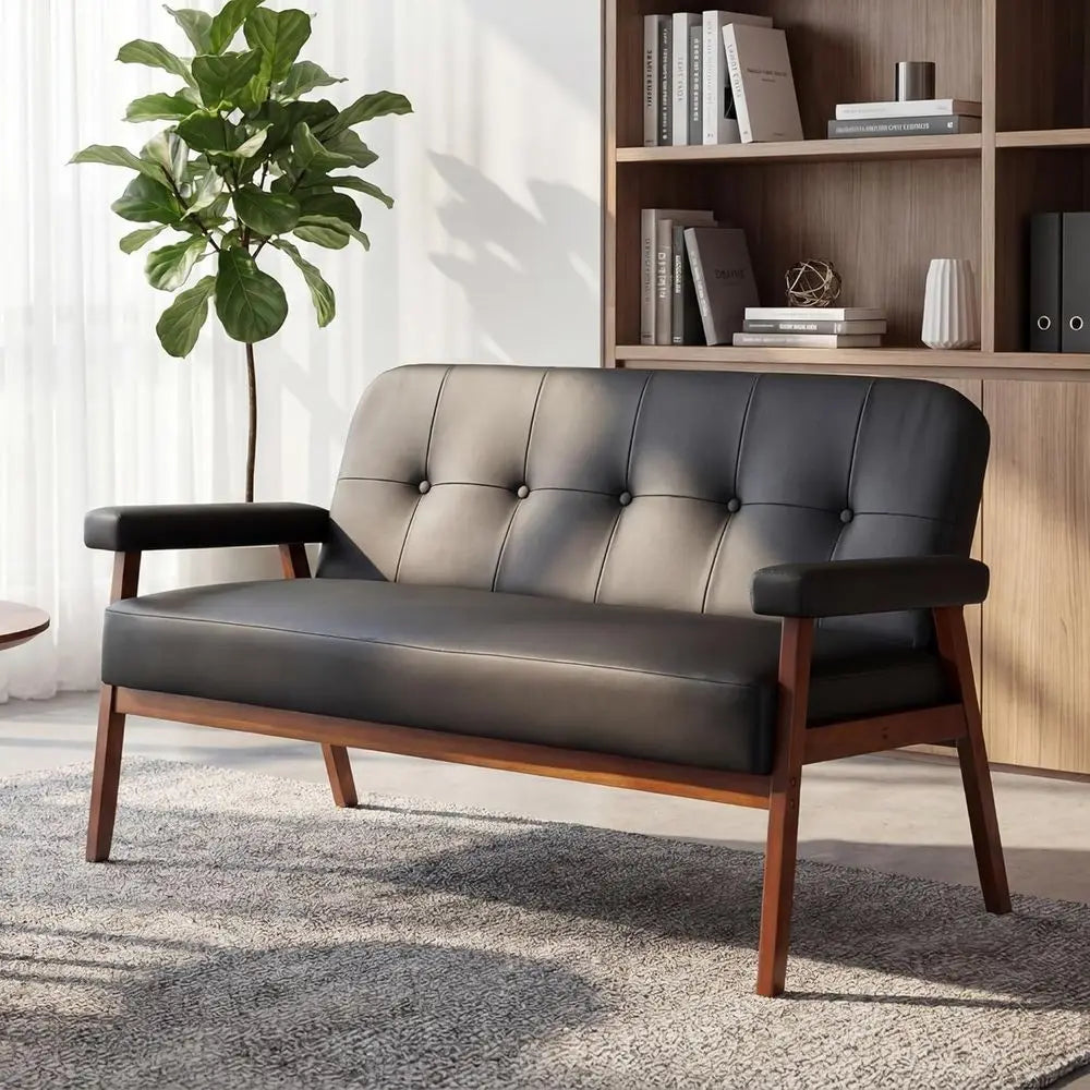 50”W Black aux Leather Small Couch Loveseat