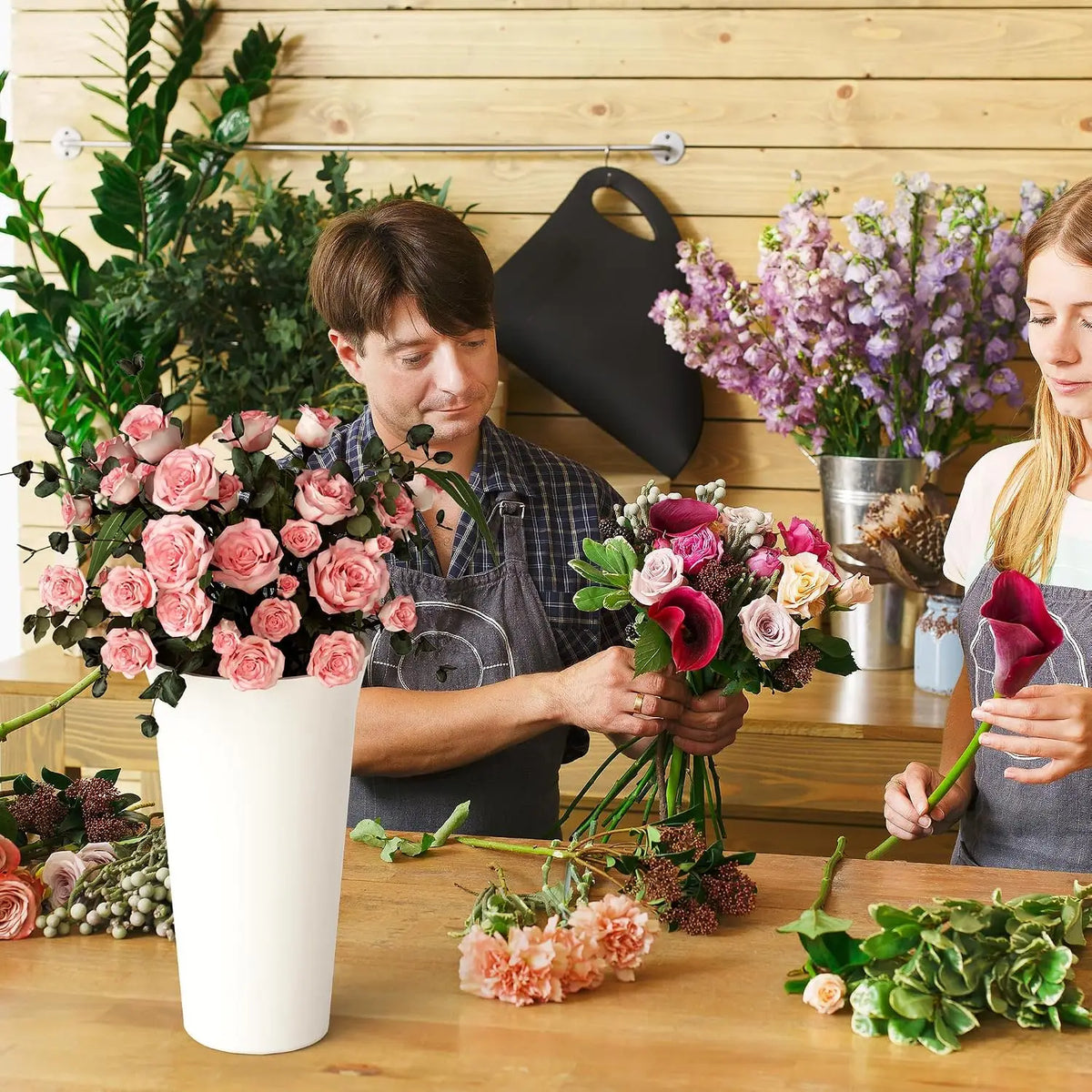 3 Tier Mobile Flower Display Stand with 6 Plastic Flower Buckets