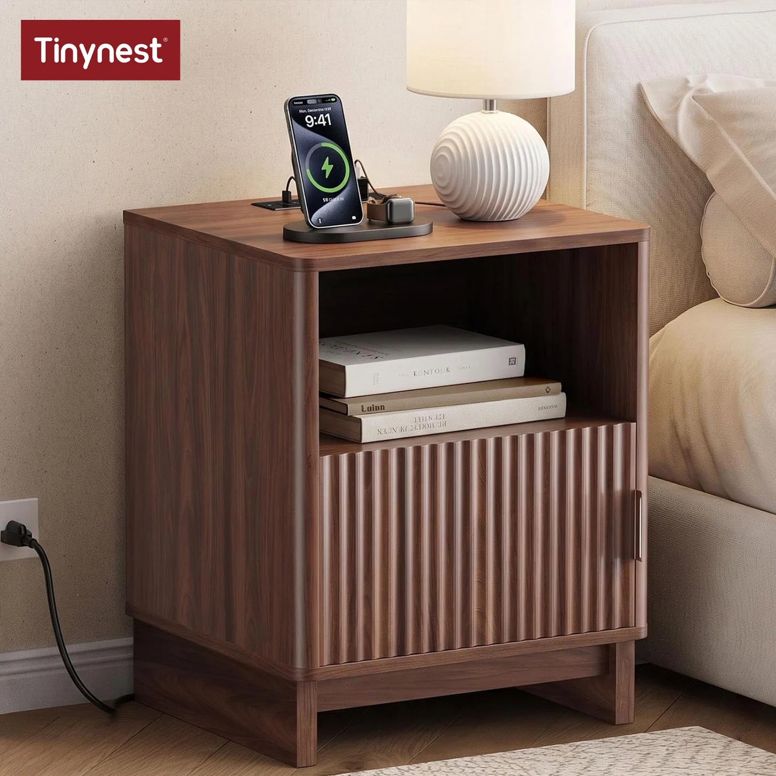 Fluted Wood Side Nightstand with Charging Station