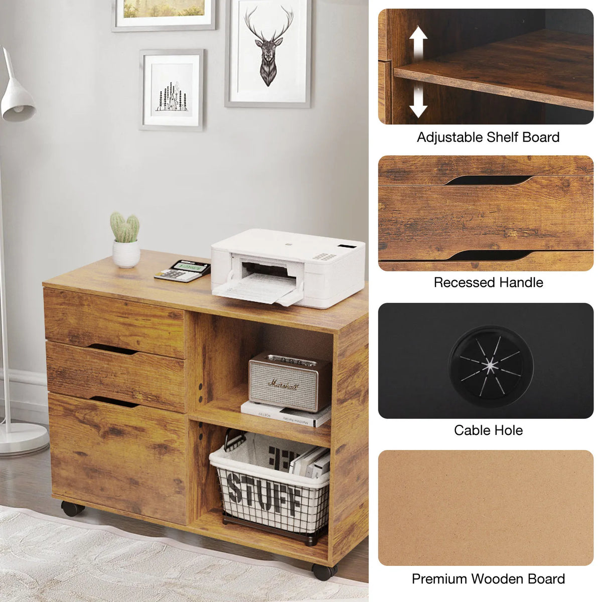 3 Drawers Wooden Mobile Filing Cabinet