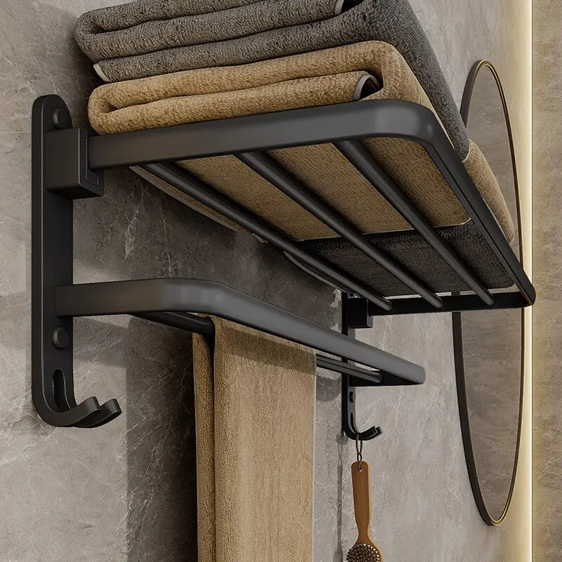 Matte Black 50CM Folding Towel Holder With Hooks