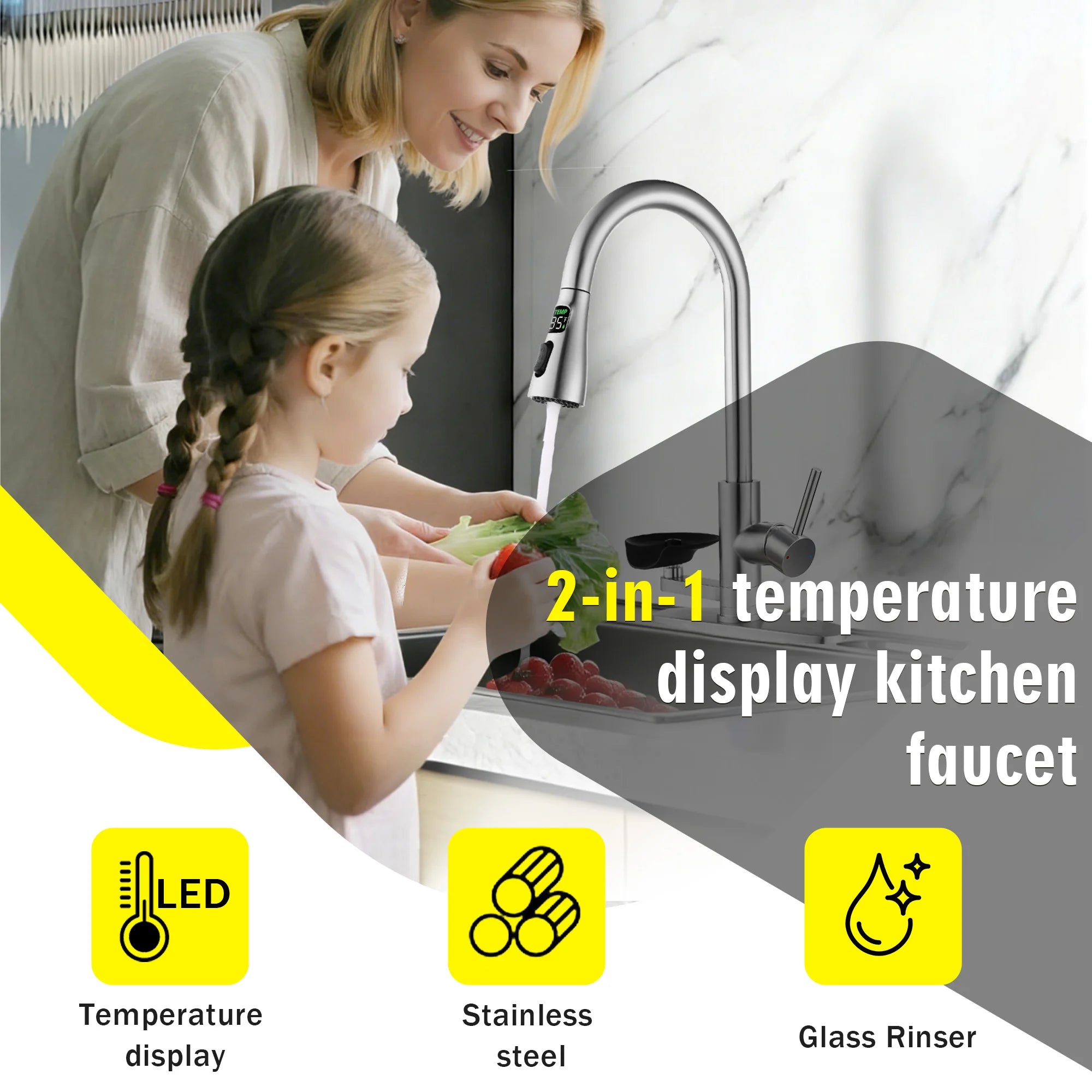 3-in-1 Kitchen Faucet with Press-Type Glass Rinser