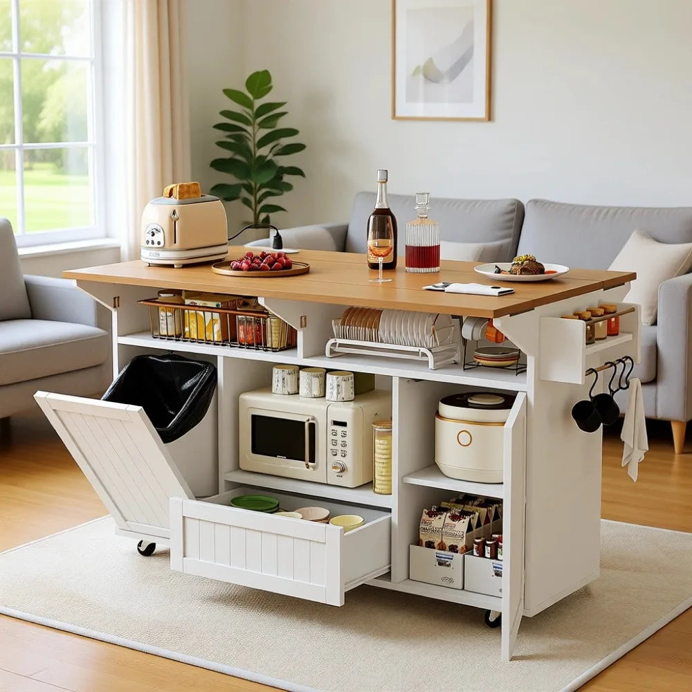 65" Kitchen Island with Power Outlet & Drop Leaf