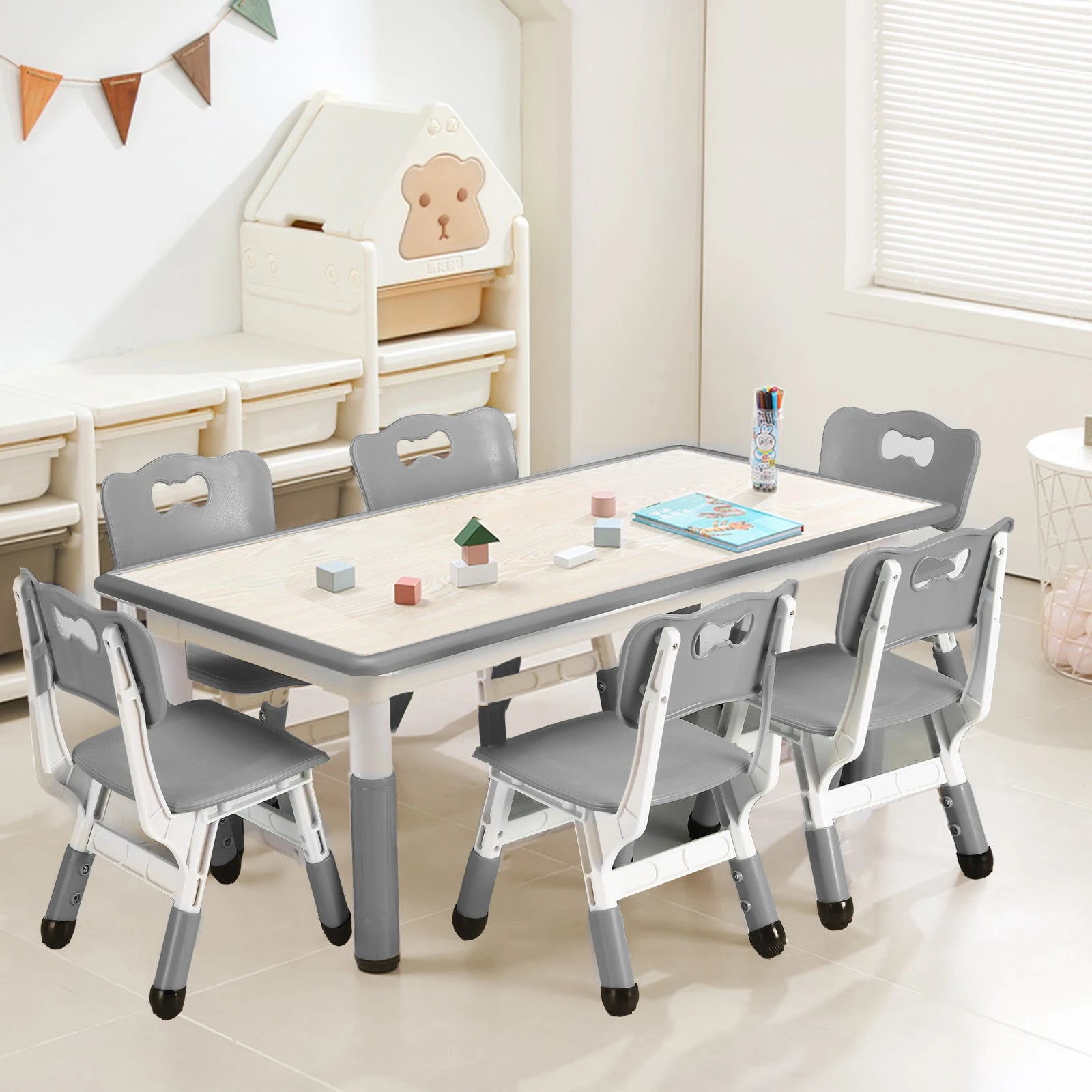 Adjustable Height Desk with Graffiti Desktop with 6 Seats