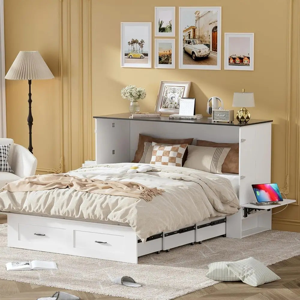 Queen Sized Murphy Cabinet Bed with Storage and Charging Station