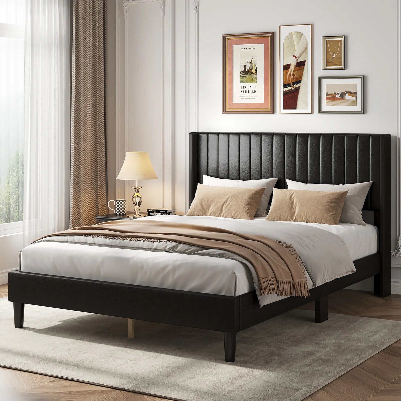Upholstered Platform Bed Frame with Modern Wingback Headboard