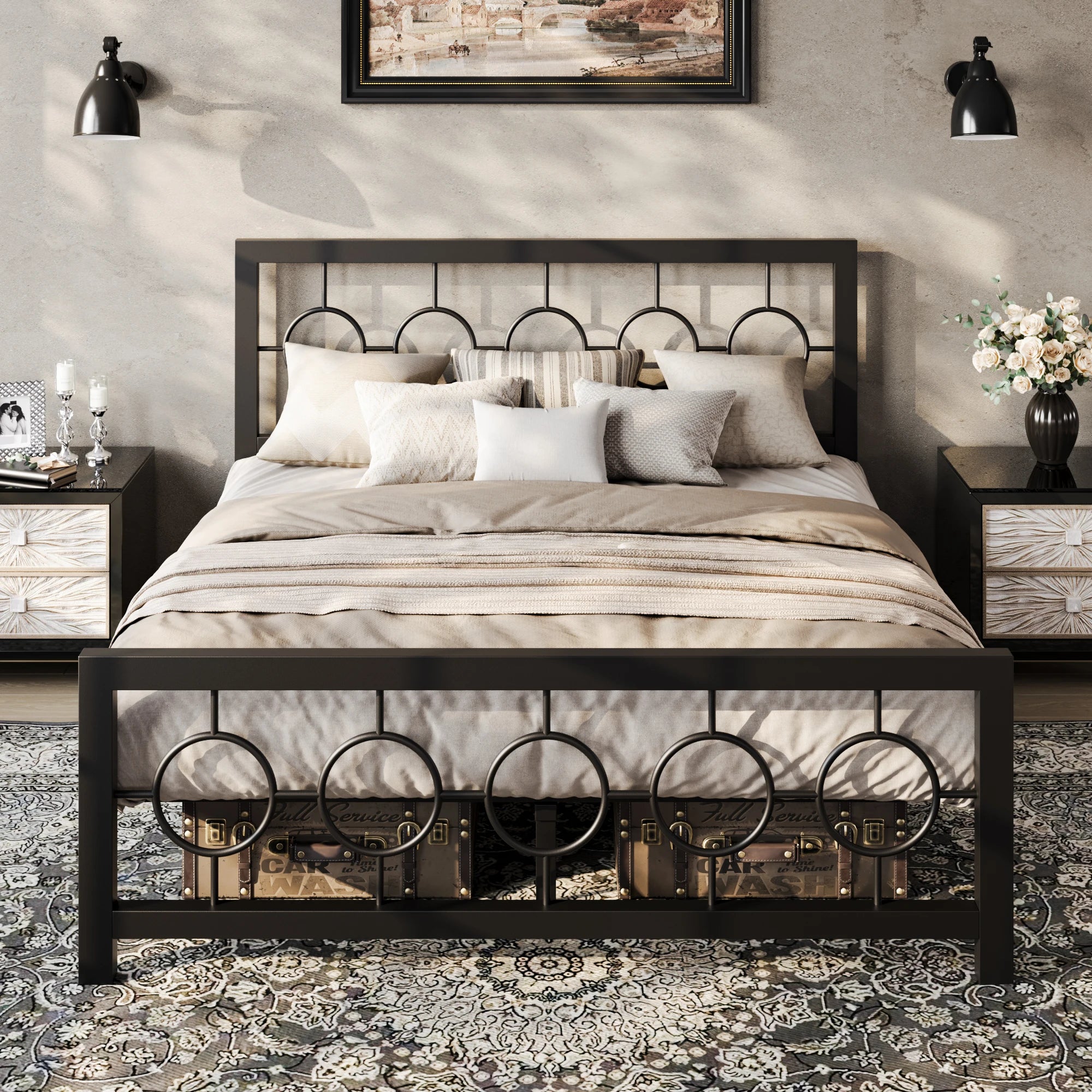 Metal Platform Bed Frame with Vintage Circular Design Headboard