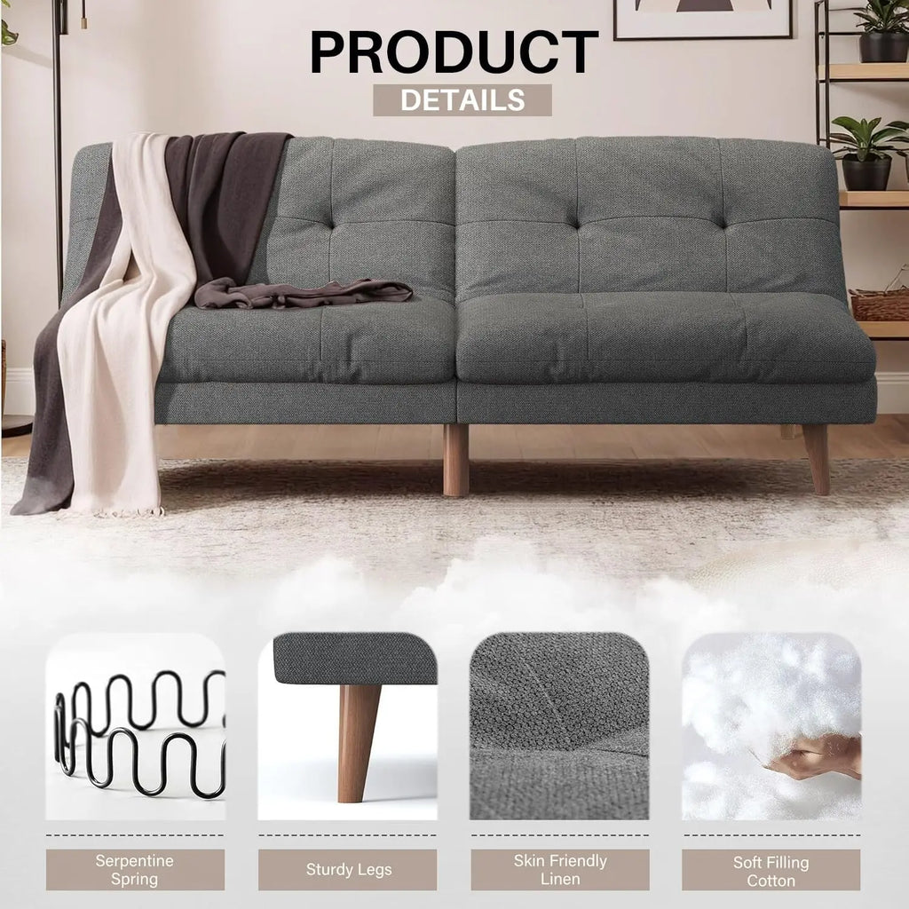 67'' Futon Couch, Modern Futon Sofa Bed with Adjustable Backrest | Convertible Sleeper Sofa Bed, Linen Loveseat Couch wit