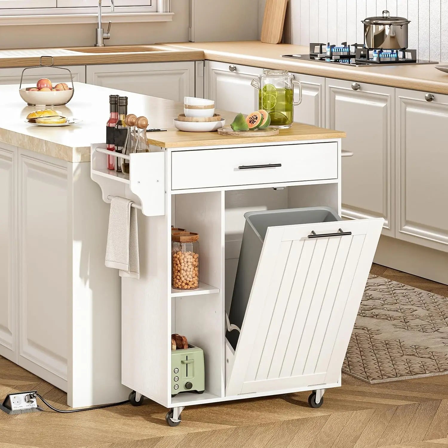 Mobile Kitchen Island with Power Outlet and Trash Can Storage