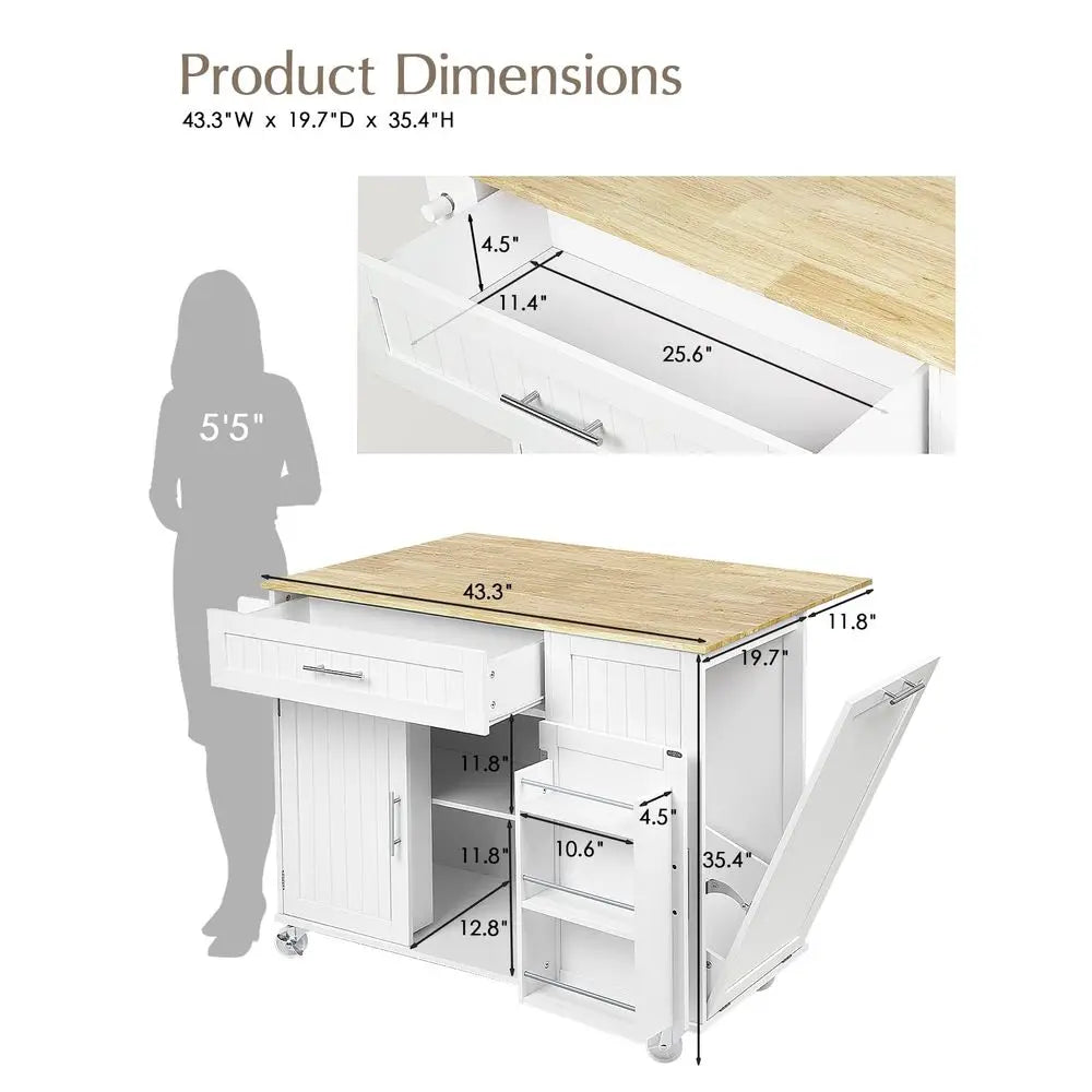 Kitchen Island with Storage, 43.3 Rolling Kitchen Island Cart on Wheels with Wide Drop Leaf Rubberwood Top, Large Mobile Island