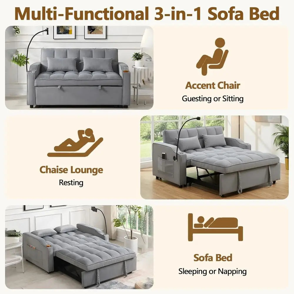 Convertible Velvet Sleeper Sofa with Reclining Backrest and Pillows