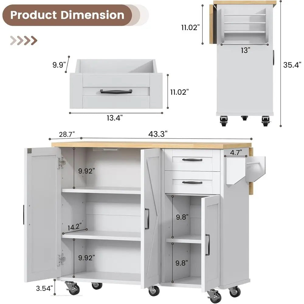 Rolling Kitchen Island On Wheels with Drop Leaf Countertop