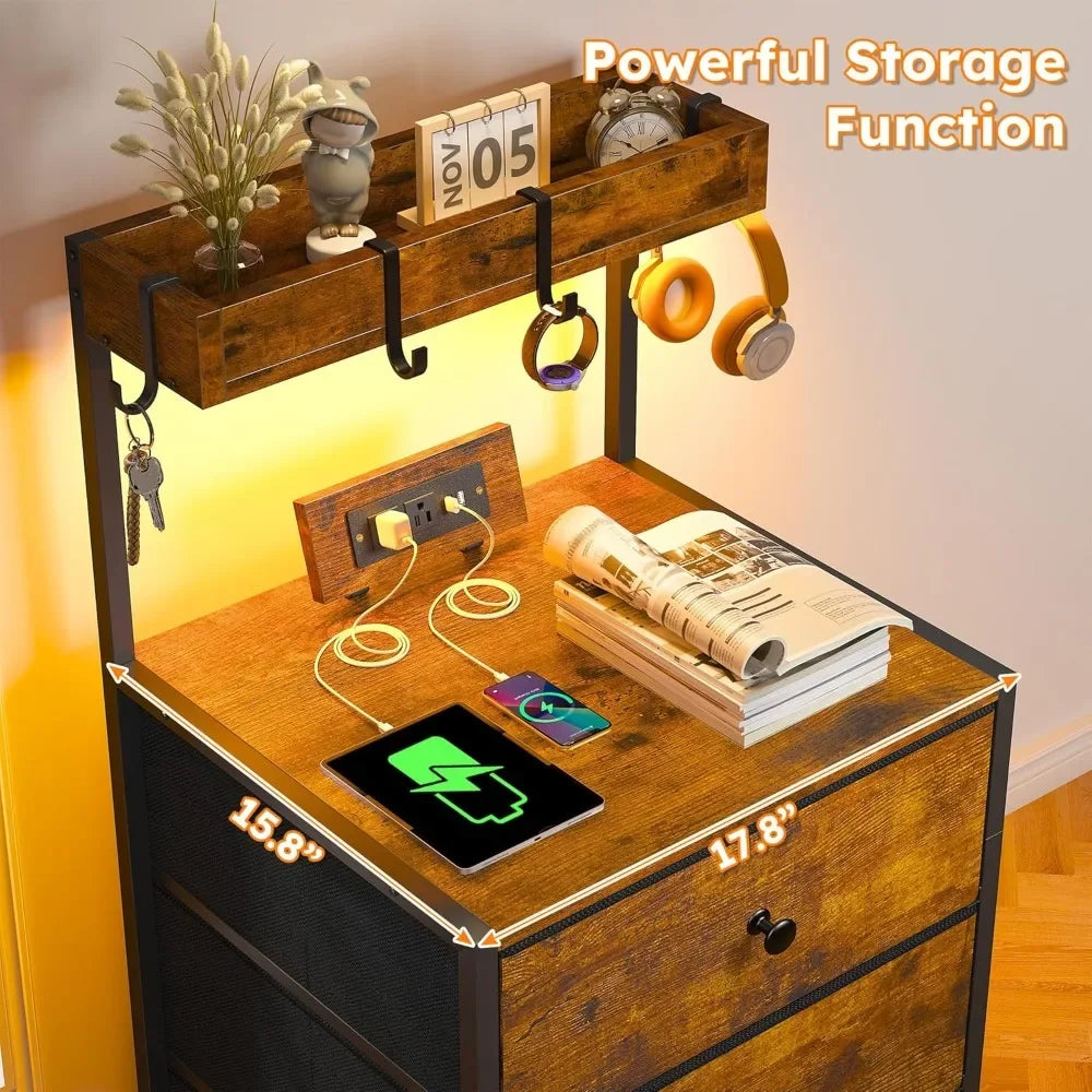 Rustic Nightstand (Set of 2) with Charging Station