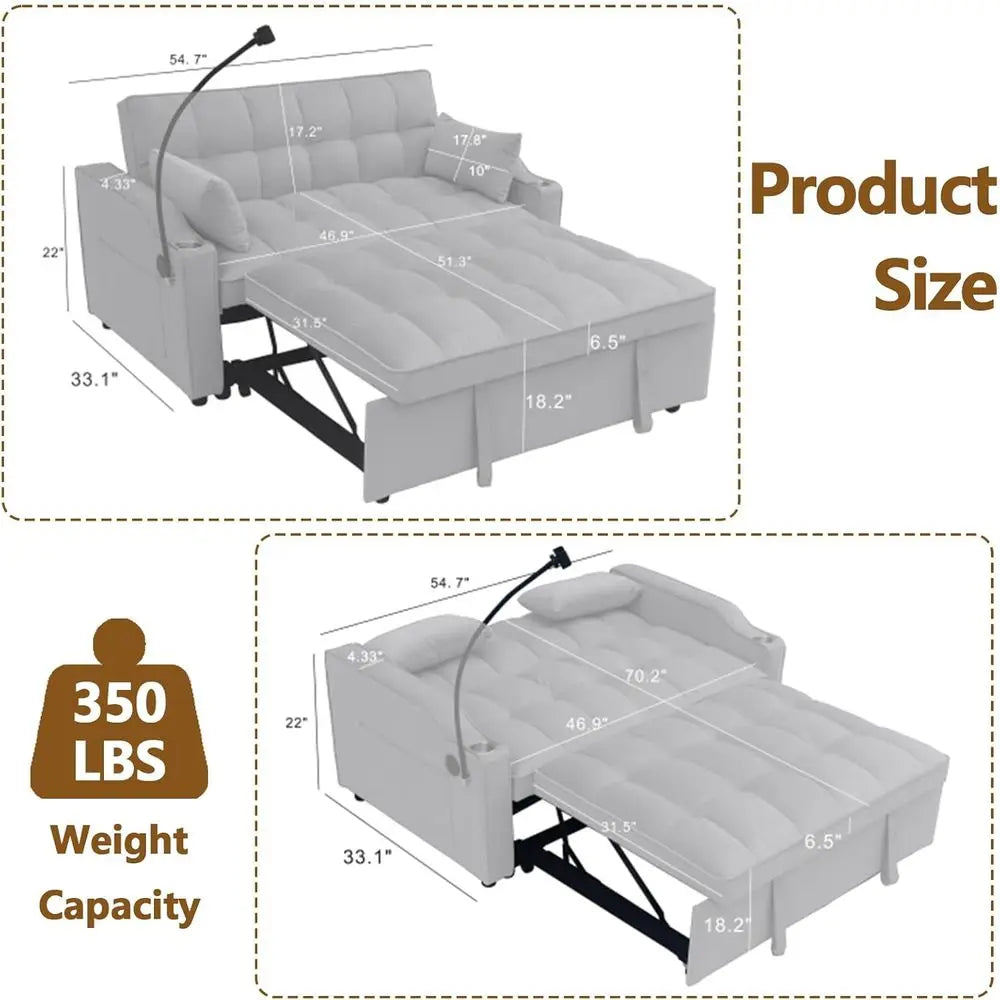 Convertible Velvet Sleeper Sofa with Reclining Backrest and Pillows