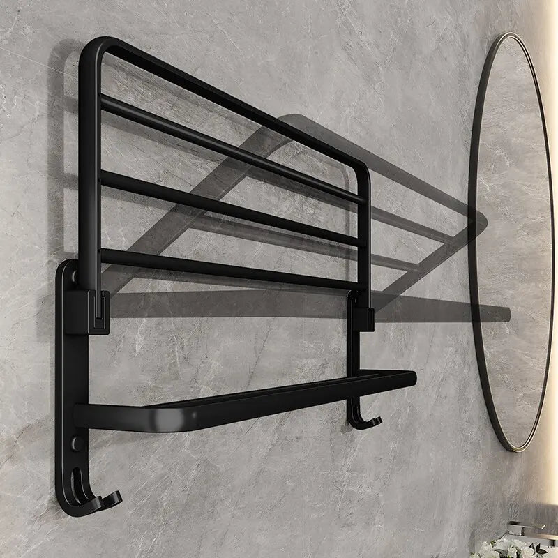 Matte Black 50CM Folding Towel Holder With Hooks
