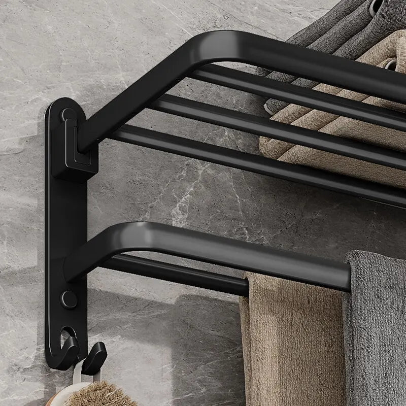 Matte Black 50CM Folding Towel Holder With Hooks