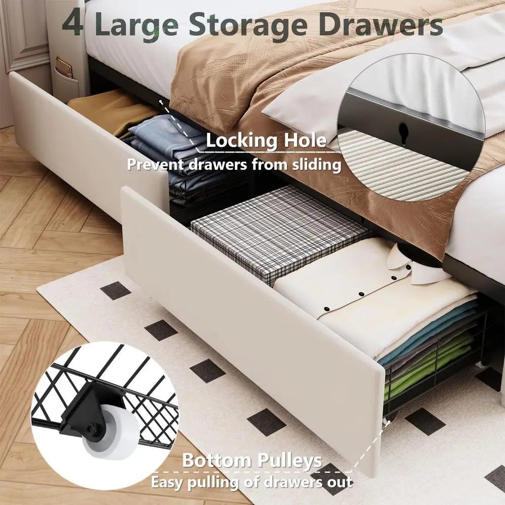 Queen Size Bed Frame with Storage Headboard
