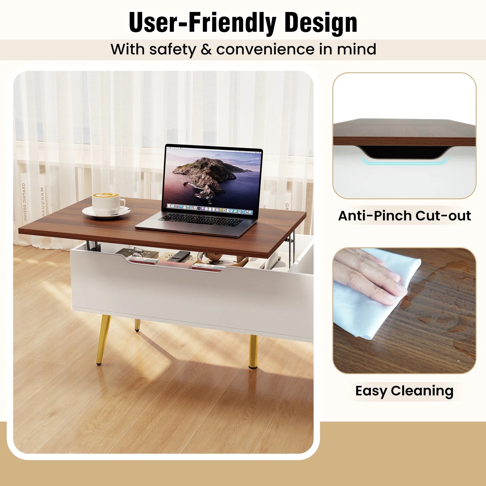 Lift Top Coffee Table with Split Top & 2 Hidden Compartments