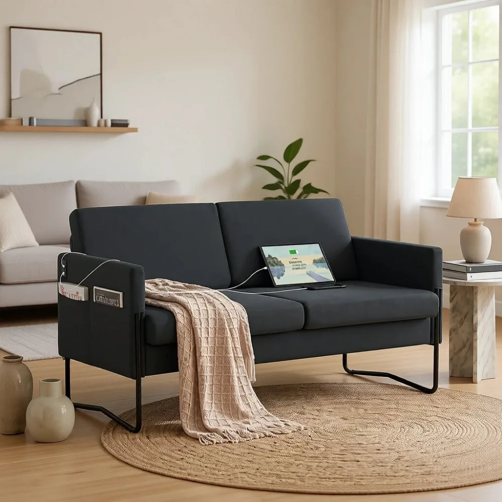 Upholstered Compact Black Loveseat Sofa with USB