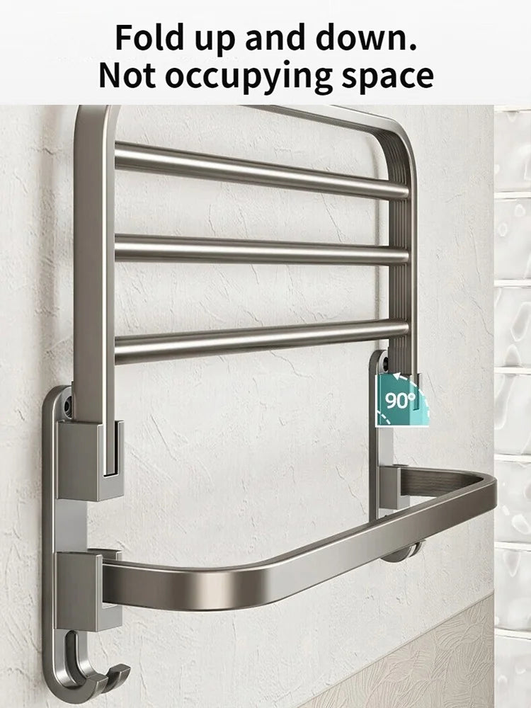 Grey/Black 50CM-60CM Folding Aluminum Towel Rack and Holder With Hooks