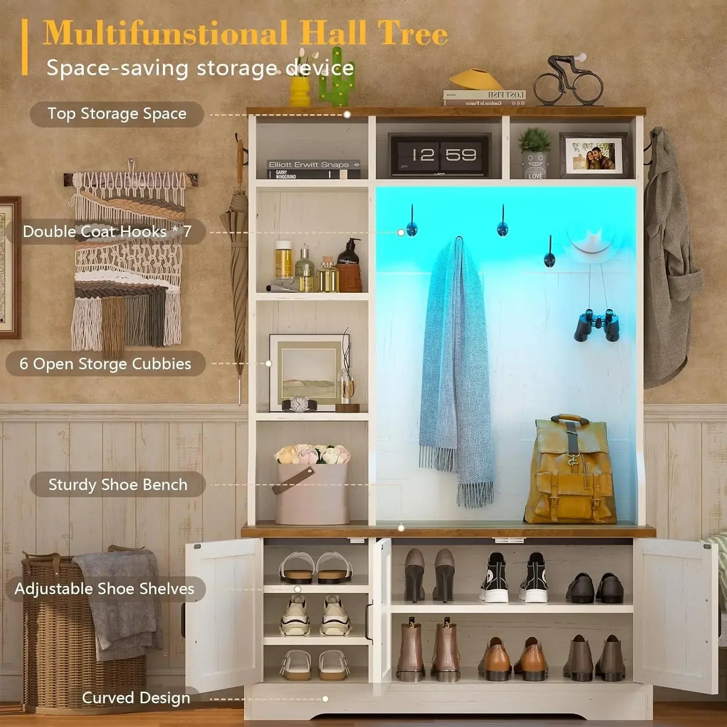 Farmhouse Hall Tree with Bench and Shoe Storage