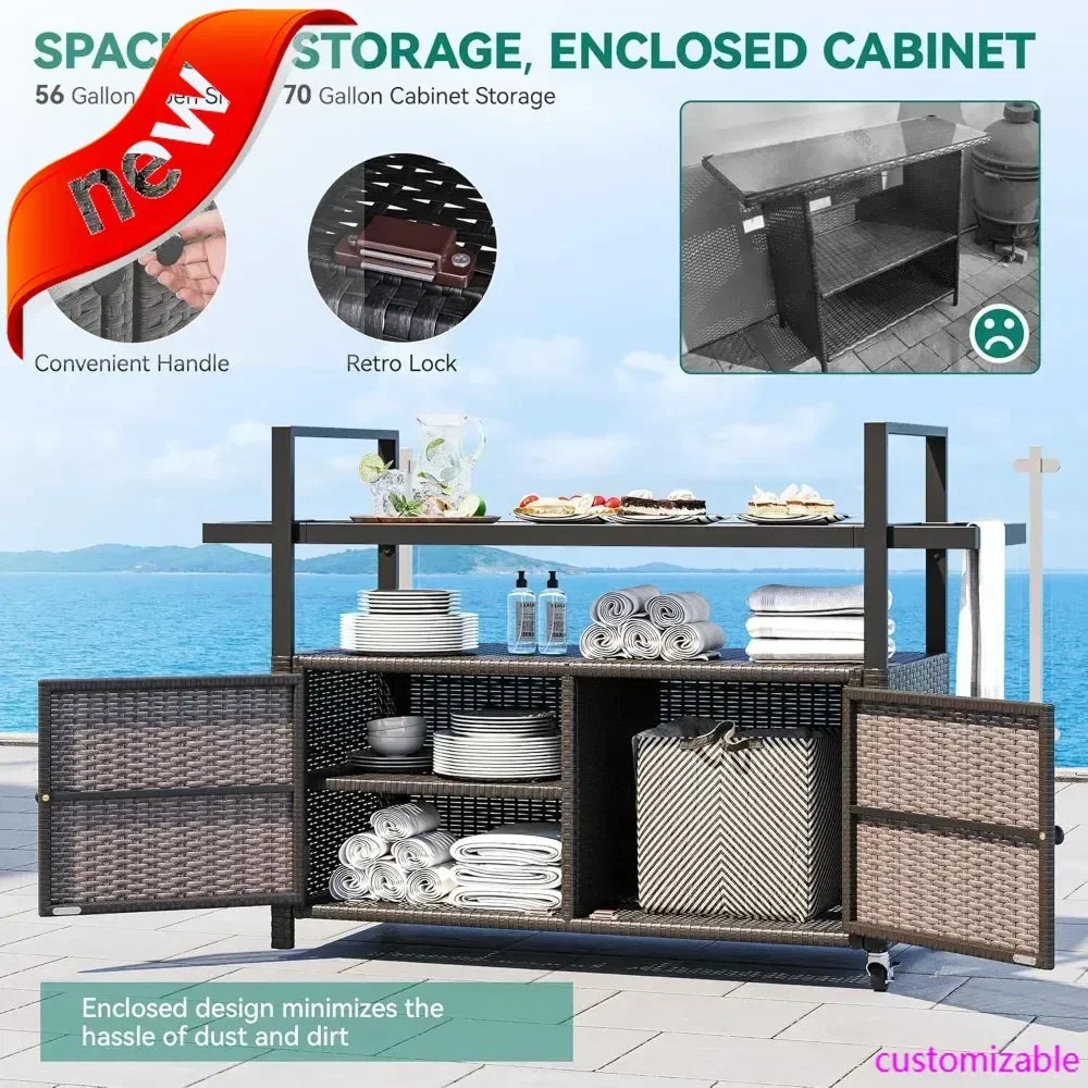 Large Kitchen Wicker Island Rolling Cart & Patio Bar Table