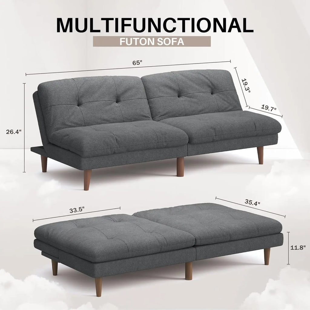 67'' Futon Couch, Modern Futon Sofa Bed with Adjustable Backrest | Convertible Sleeper Sofa Bed, Linen Loveseat Couch wit