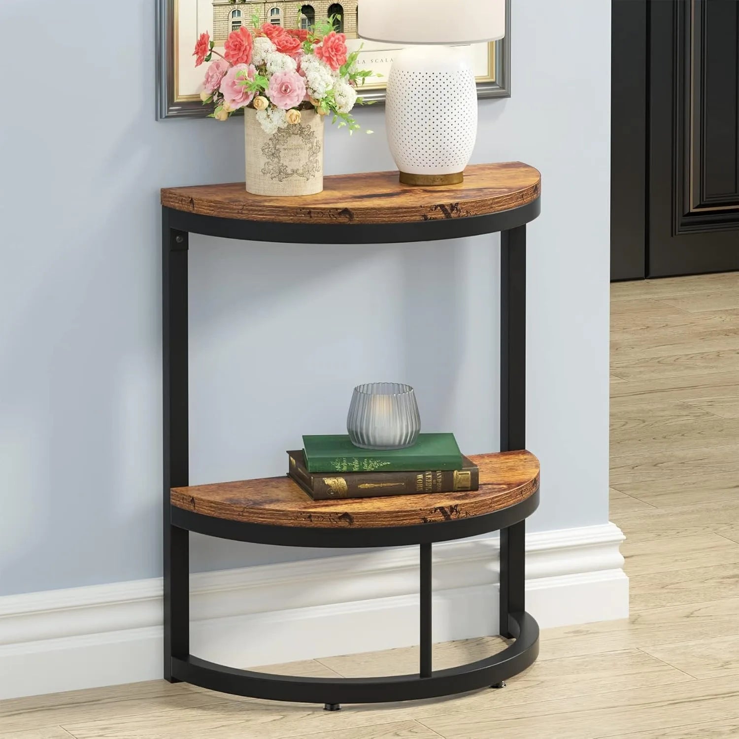 Half Round End Table with Storage Shelf